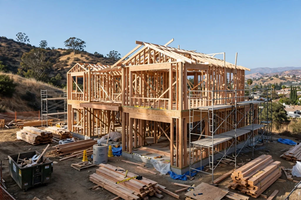 Custom home under construction in California with wooden framing.