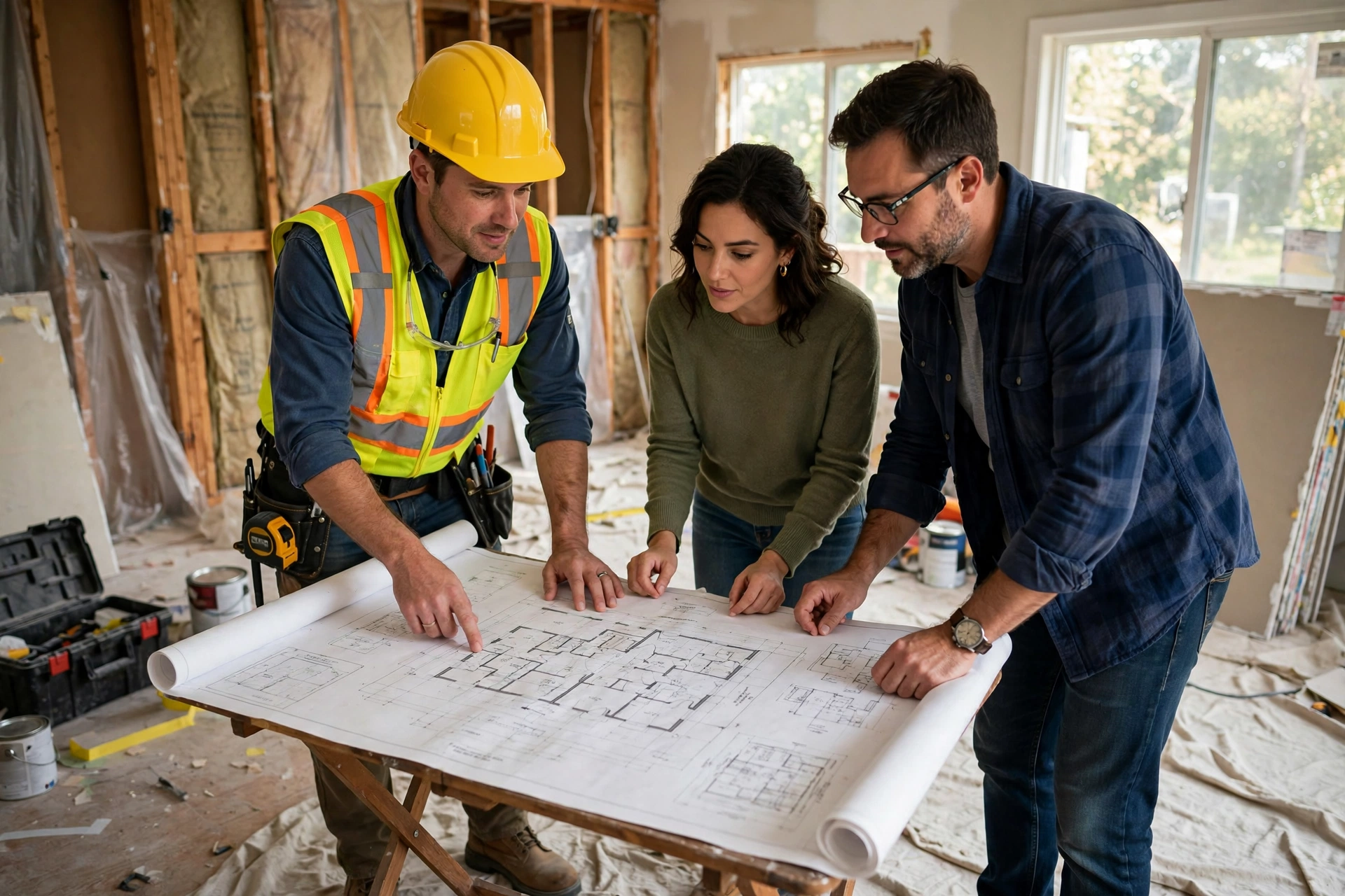 Licensed general contractor reviewing blueprints with homeowners.
