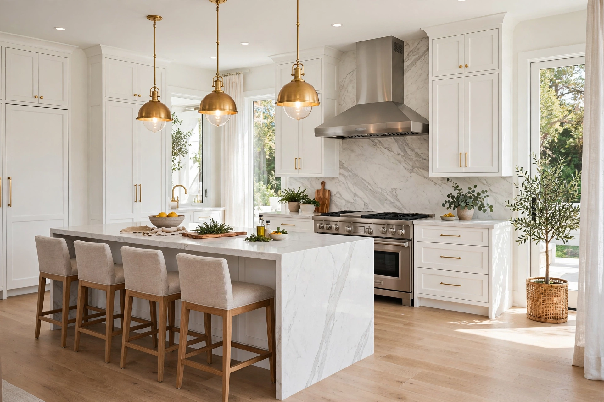 Modern luxury kitchen remodel with white cabinets and quartz island.