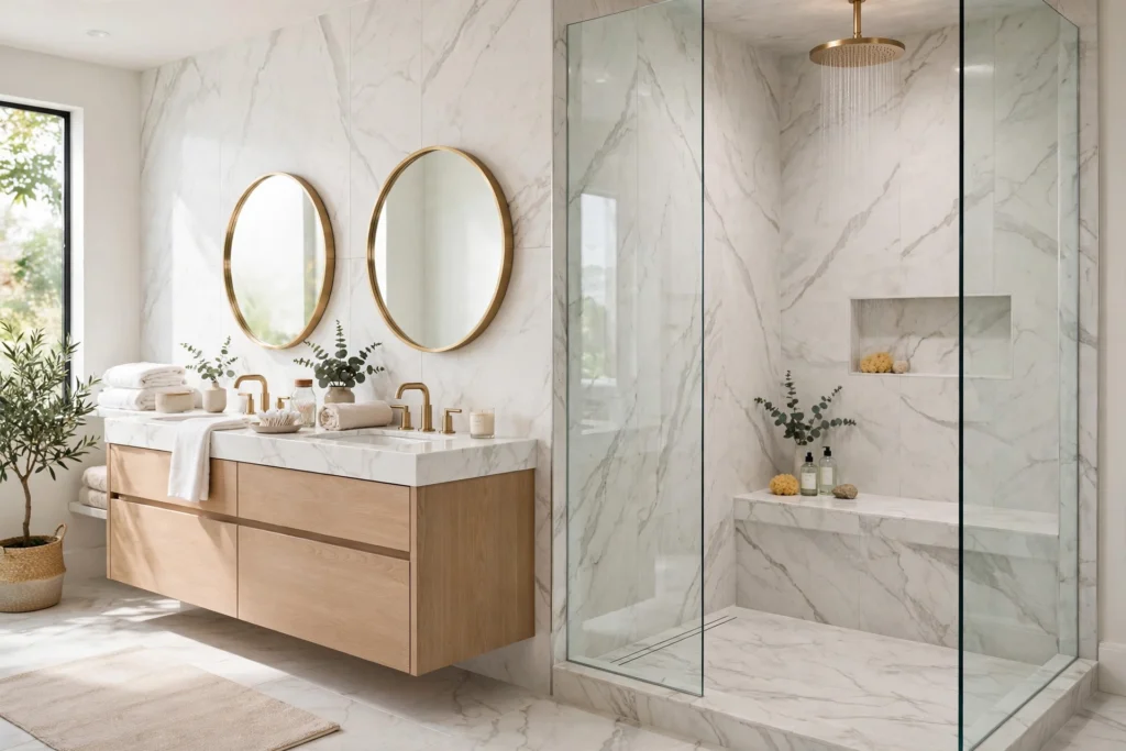 Luxury bathroom renovation with curbless walk-in shower and double vanity.