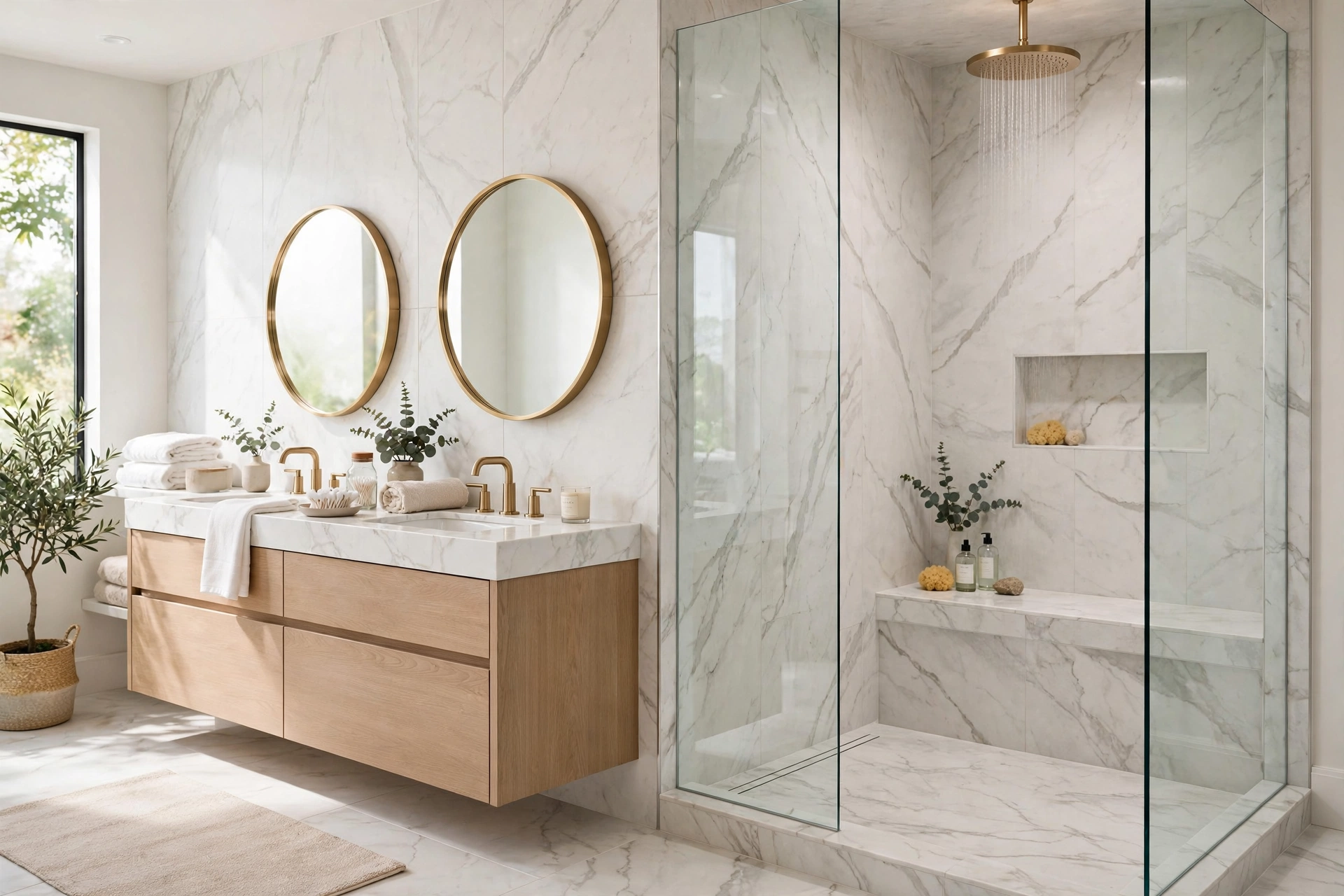 Luxury bathroom renovation with curbless walk-in shower and double vanity.