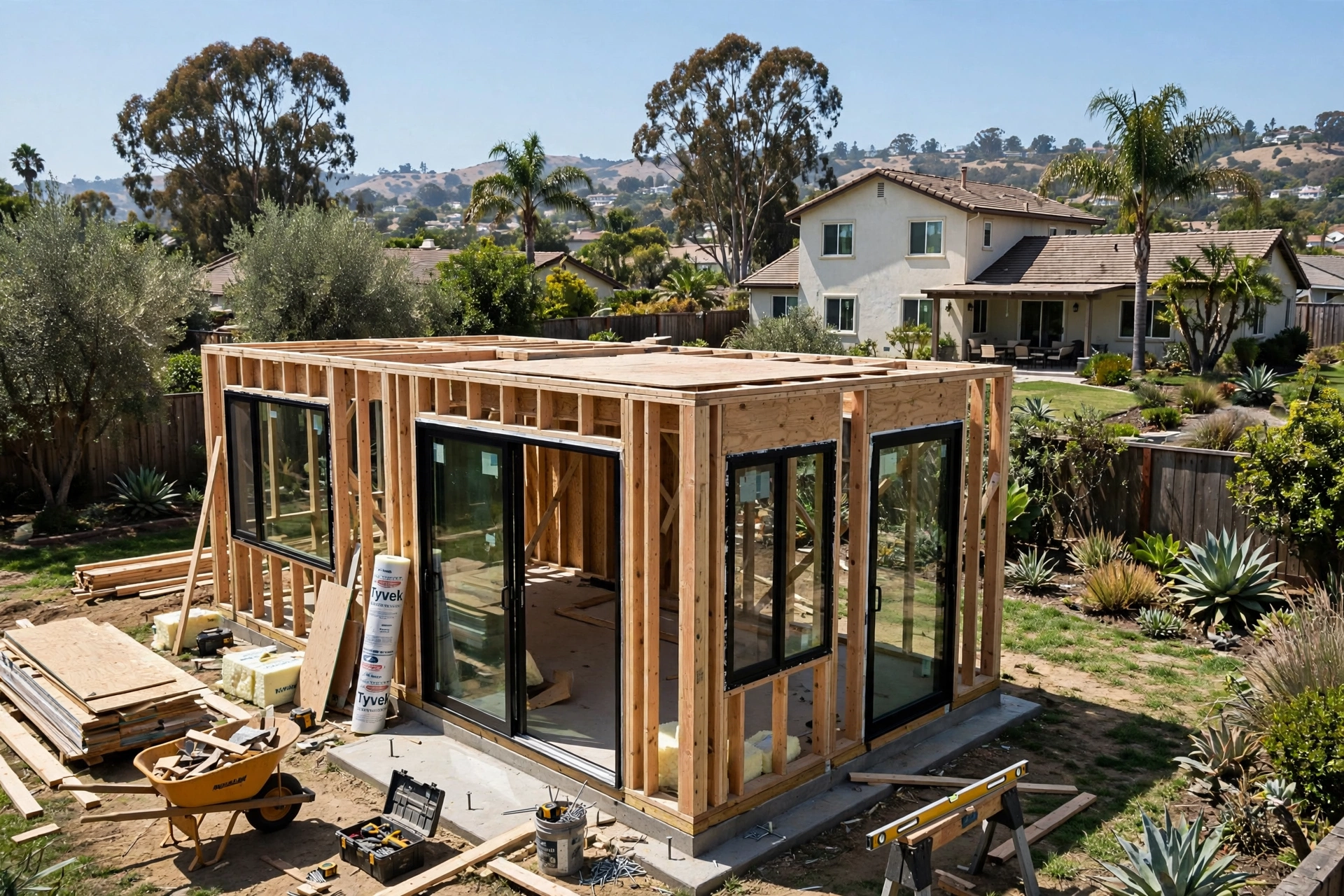 Detached ADU backyard cottage under construction in California.