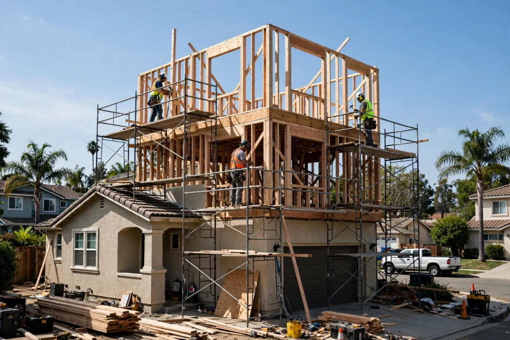 Second-story home addition framing under construction on a California house.