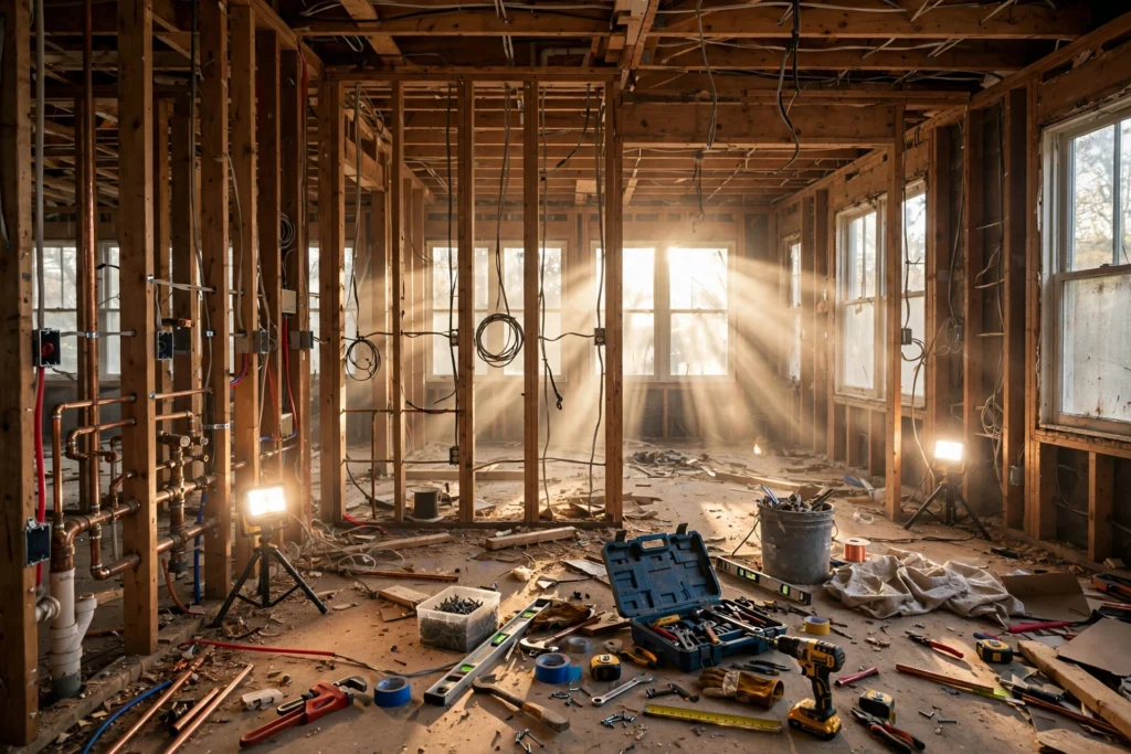 House interior during whole-home gut renovation with exposed studs.