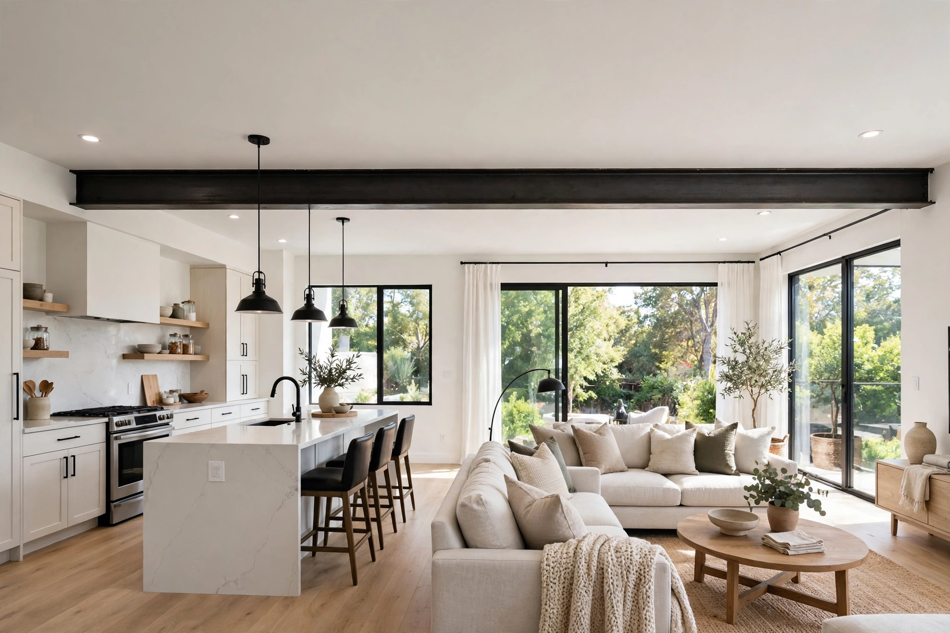 Open-concept living space with steel support beam after load-bearing wall removal.