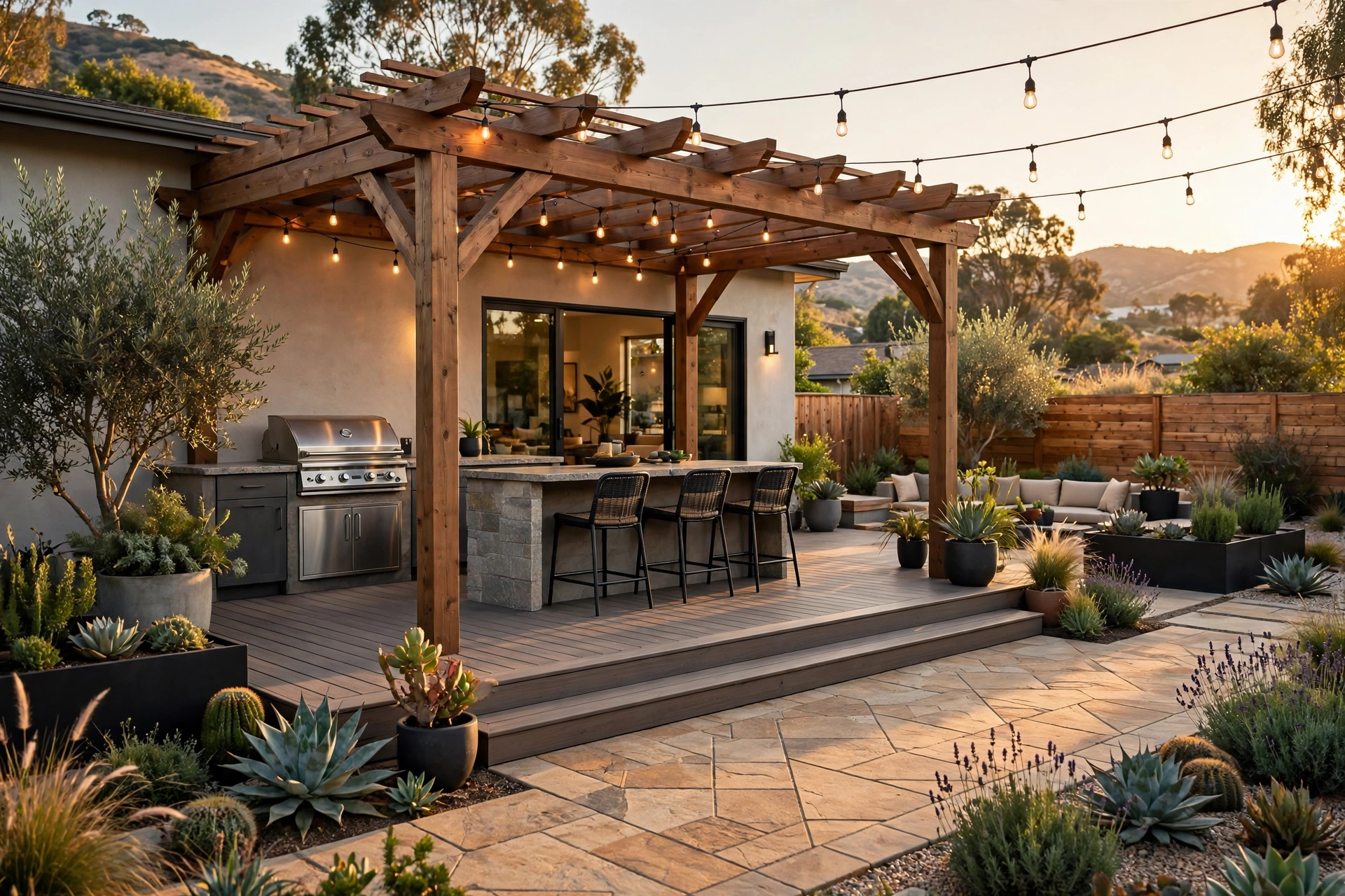 California backyard with new composite deck, pergola, and outdoor kitchen.