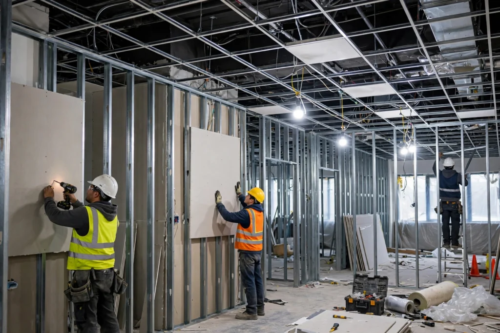 Commercial office interior under construction with metal stud framing.
