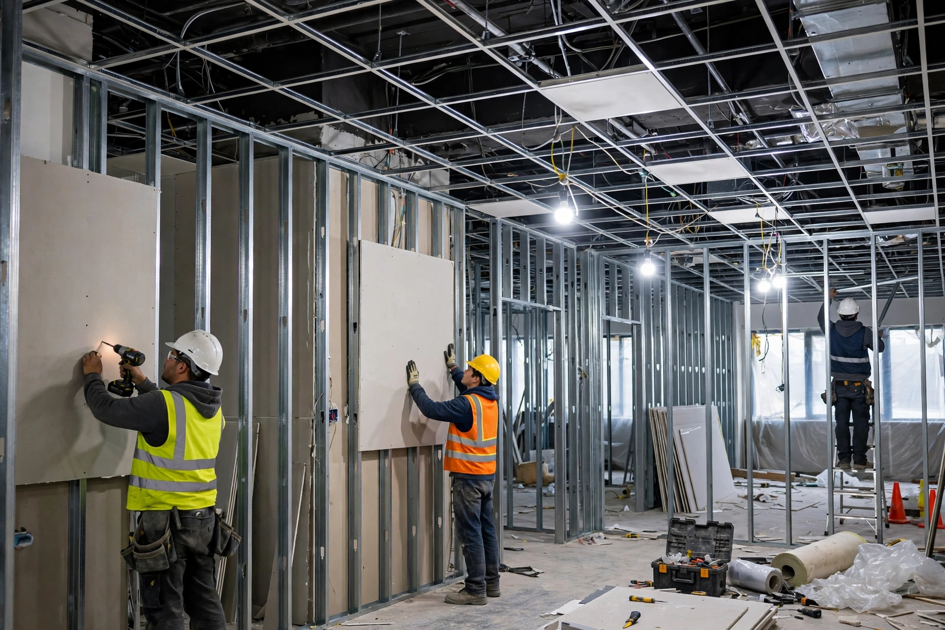 Commercial office interior under construction with metal stud framing.